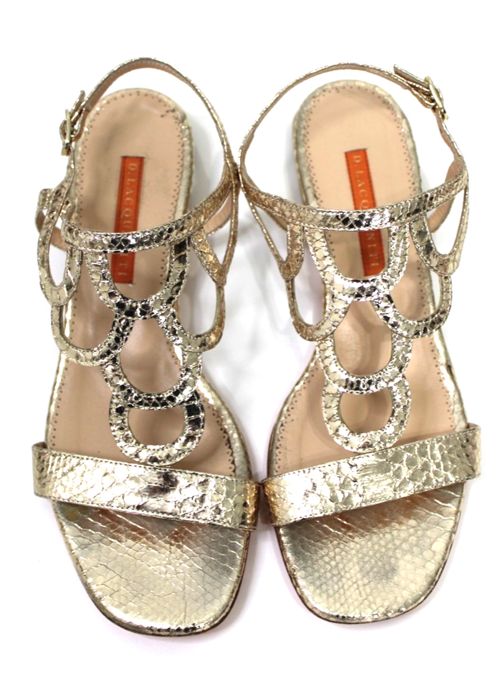 D. LACQUANITI Gold Snake Skin Print Embossed Leather Flats Shoes Sandals 37.5 7